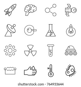 Thin line icon set : rocket, brain, molecule, satellite, antenna, cell corection, flask, round around, nuclear, vial, lunar rover, electrostatic, acid, thermometer, microb