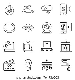 Thin line icon set : rocket, eco car, cloude service, phone pay, smart bracelet, ufo, web cam, mobile, cashbox, tv, transporter tape, detector, credit card, bulb, air conditioning, mixer