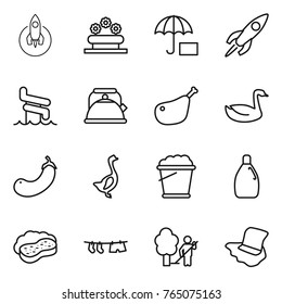 Thin line icon set : rocket, flower bed, insurance, aquapark, kettle, chicken leg, goose, eggplant, foam bucket, cleanser, sponge with, drying clothe, garden cleaning, floor washing