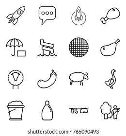 Thin line icon set : rocket, message, chicken leg, insurance, aquapark, sieve, sheep, eggplant, goose, foam bucket, cleanser, drying clothe, garden cleaning