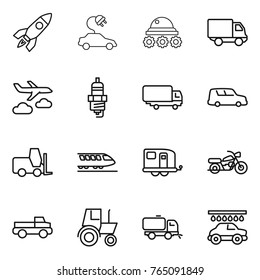 Thin line icon set : rocket, electric car, lunar rover, delivery, journey, spark plug, shipping, fork loader, train, trailer, motorcycle, pickup, tractor, sweeper, wash