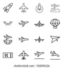 Thin line icon set : rocket, plane, weather management, drone, parachute delivery, shipping, deltaplane, ticket, airplane, departure, arrival