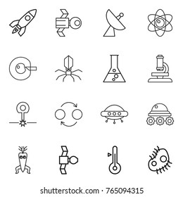 Thin line icon set : rocket, satellite, antenna, atom, cell corection, virus, flask, microscope, laser, quantum bond, ufo, lunar rover, dna modify, thermometer, microb