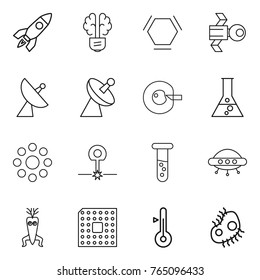 Thin line icon set : rocket, bulb brain, hex molecule, satellite, antenna, cell corection, flask, round around, laser, vial, ufo, dna modify, cpu, thermometer, microb