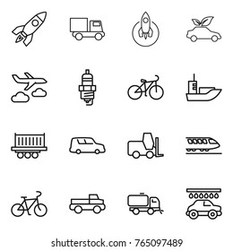 Thin line icon set : rocket, truck, eco car, journey, spark plug, bike, sea shipping, fork loader, train, pickup, sweeper, wash