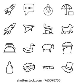 Thin line icon set : rocket, message, insurance, deltaplane, aquapark, dog, kettle, goose, sheep, foam bucket, cleanser, sponge with, drying clothe, floor washing