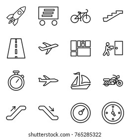 Thin line icon set : rocket, delivery, bike, stairs, road, plane, consolidated cargo, courier, stopwatch, sail boat, motorcycle, escalator, barometer, watch