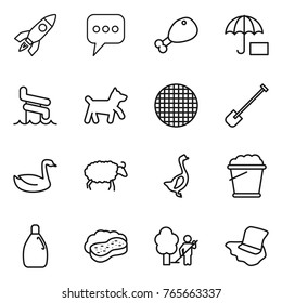 Thin line icon set : rocket, message, chicken leg, insurance, aquapark, dog, sieve, shovel, goose, sheep, foam bucket, cleanser, sponge with, garden cleaning, floor washing