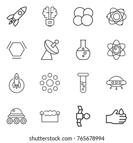 Thin line icon set : rocket, bulb brain, atom core, hex molecule, satellite antenna, round flask, around, vial, ufo, lunar rover, electrostatic, acid