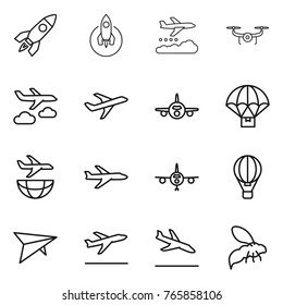 Thin line icon set : rocket, weather management, drone, journey, plane, parachute delivery, shipping, air ballon, deltaplane, departure, arrival, wasp