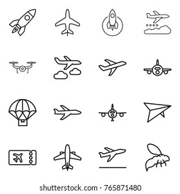 Thin line icon set : rocket, plane, weather management, drone, journey, parachute delivery, deltaplane, ticket, airplane, departure, wasp