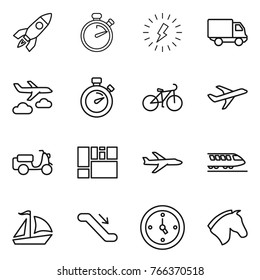 Thin line icon set : rocket, stopwatch, lightning, delivery, journey, bike, plane, scooter shipping, consolidated cargo, train, sail boat, escalator, watch, horse