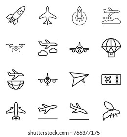 Thin line icon set : rocket, plane, weather management, drone, journey, parachute delivery, shipping, deltaplane, ticket, airplane, departure, arrival, wasp