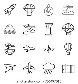 Thin line icon set : rocket, parachute, weather management, lunar rover, journey, airport tower, delivery, plane shipping, air ballon, deltaplane, airplane, rain cloud, clean window