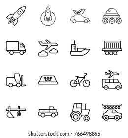 Thin line icon set : rocket, eco car, lunar rover, delivery, journey, sea shipping, truck, fork loader, taxi, bike, transfer, plow, pickup, tractor, wash