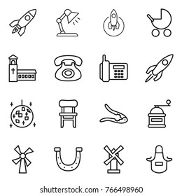 Thin line icon set : rocket, table lamp, baby stroller, church, phone, disco ball, chair, walnut crack, hand mill, windmill, horseshoe, apron