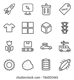 Thin line icon set : rocket, monitor arrow, bin, sale label, t shirt, window, 3d, traffic light, perishable, transporter tape, car baggage, transfer, sun, pile of garbage, clipboard list, bug