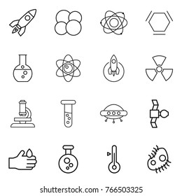 Thin line icon set : rocket, atom core, hex molecule, round flask, nuclear, microscope, vial, ufo, satellite, acid, chemical, thermometer, microb