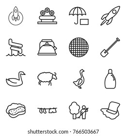 Thin line icon set : rocket, flower bed, insurance, aquapark, kettle, sieve, shovel, goose, sheep, cleanser, sponge with foam, drying clothe, garden cleaning, floor washing