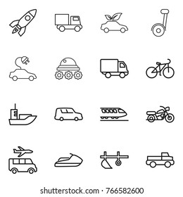 Thin line icon set : rocket, truck, eco car, electric, lunar rover, delivery, bike, sea shipping, train, motorcycle, transfer, jet ski, plow, pickup