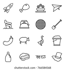 Thin line icon set : rocket, chicken leg, flower bed, deltaplane, aquapark, kettle, sieve, shovel, eggplant, sheep, goose, foam bucket, cleanser, sponge with, drying clothe, floor washing