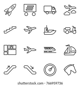 Thin line icon set : rocket, delivery, journey, stairs, plane, sea shipping, scooter, consolidated cargo, train, sail boat, escalator, barometer, horse