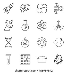 Thin line icon set : rocket, brain, atom core, satellite, antenna, round flask, virus, dna, around, quantum bond, vial, cpu, electrostatic, microb
