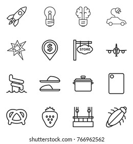 Thin line icon set : rocket, bulb, brain, electric car, bang, dollar pin, store signboard, plane, aquapark, slippers, pan, cutting board, pretzel, strawberry, skysrcapers cleaning, bug