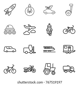 Thin line icon set : rocket, eco car, lunar rover, journey, spark plug, bike, shipping, fork loader, train, trailer, motorcycle, tractor, sweeper