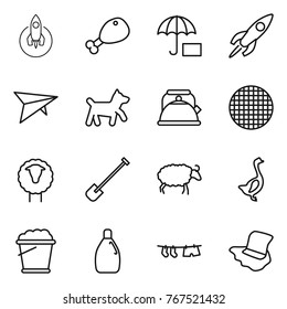Thin line icon set : rocket, chicken leg, deltaplane, dog, kettle, sieve, sheep, shovel, goose, foam bucket, cleanser, drying clothe, floor washing