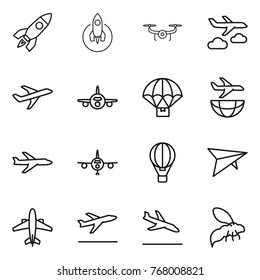 Thin line icon set : rocket, drone, journey, plane, parachute delivery, shipping, air ballon, deltaplane, airplane, departure, arrival, wasp