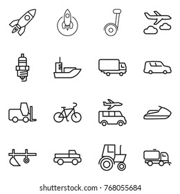Thin line icon set : rocket, segway, journey, spark plug, sea shipping, car, fork loader, bike, transfer, jet ski, plow, pickup, tractor, sweeper