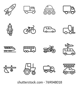 Thin line icon set : rocket, truck, lunar rover, delivery, spark plug, bike, car shipping, fork loader, train, bus, motorcycle, transfer, plow, tractor, sweeper, wash