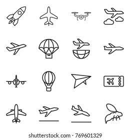 Thin line icon set : rocket, plane, drone, journey, parachute delivery, shipping, air ballon, deltaplane, ticket, airplane, departure, arrival, wasp