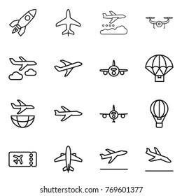 Thin line icon set : rocket, plane, weather management, drone, journey, parachute delivery, shipping, air ballon, ticket, airplane, departure, arrival