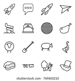 Thin line icon set : rocket, message, deltaplane, aquapark, kettle, sieve, chicken leg, sheep, shovel, goose, sponge with foam, drying clothe, garden cleaning, floor washing