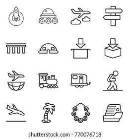 Thin line icon set : rocket, lunar rover, journey, singlepost, bridge, dome house, package, plane shipping, train, trailer, tourist, arrival, palm, hawaiian wreath, cruise ship