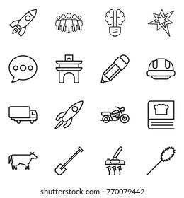 Thin line icon set : rocket, team, bulb brain, bang, balloon, arch, pencil, building helmet, shipping, motorcycle, cooking book, cow, shovel, vacuum cleaner, duster
