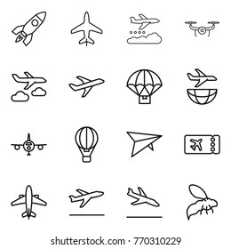 Thin line icon set : rocket, plane, weather management, drone, journey, parachute delivery, shipping, air ballon, deltaplane, ticket, airplane, departure, arrival, wasp