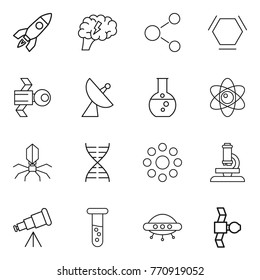 Thin line icon set : rocket, brain, molecule, hex, satellite, antenna, round flask, atom, virus, dna, around, microscope, telescope, vial, ufo