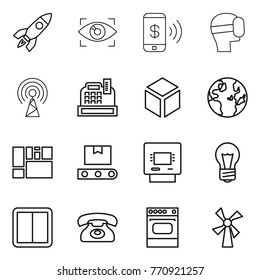 Thin line icon set : rocket, eye identity, phone pay, virtual mask, antenna, cashbox, 3d, globe, consolidated cargo, transporter tape, atm, bulb, power switch, oven, windmill