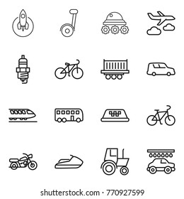 Thin line icon set : rocket, segway, lunar rover, journey, spark plug, bike, truck shipping, car, train, bus, taxi, motorcycle, jet ski, tractor, wash