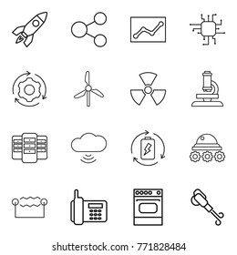 Thin line icon set : rocket, share, statistics, chip, around gear, windmill, nuclear, microscope, server, cloud wireless, battery charge, lunar rover, electrostatic, phone, oven, blower