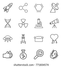 Thin line icon set : rocket, molecule, hex, satellite antenna, dna, nuclear, microscope, telescope, ufo, modify, electrostatic, cardio chip, acid, chemical, viruses, microb