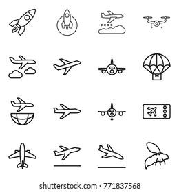 Thin line icon set : rocket, weather management, drone, journey, plane, parachute delivery, shipping, ticket, airplane, departure, arrival, wasp