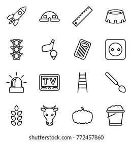 Thin line icon set : rocket, dome house, ruler, stadium, traffic light, golf, inflatable mattress, power socket, alarm, tv, stairs, big spoon, spikelets, cow, pumpkin, foam bucket