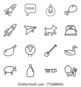 Thin line icon set : rocket, message, chicken leg, deltaplane, dog, kettle, sheep, shovel, goose, cleanser, drying clothe, garden cleaning