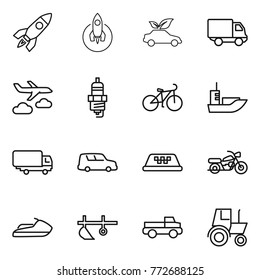 Thin line icon set : rocket, eco car, delivery, journey, spark plug, bike, sea shipping, taxi, motorcycle, jet ski, plow, pickup, tractor