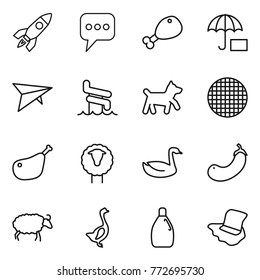 Thin line icon set : rocket, message, chicken leg, insurance, deltaplane, aquapark, dog, sieve, sheep, goose, eggplant, cleanser, floor washing