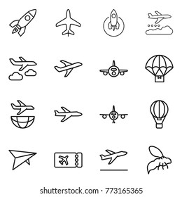 Thin line icon set : rocket, plane, weather management, journey, parachute delivery, shipping, air ballon, deltaplane, ticket, departure, wasp